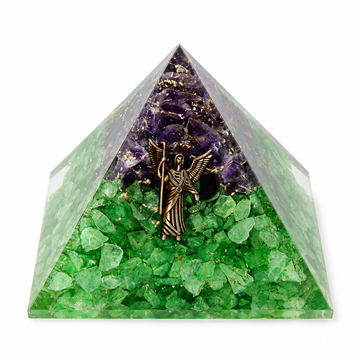 Pirámide de Orgonita con Peridoto, Amatista y Arcángel Rafael